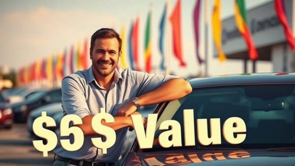 Smiling salesperson at car dealership with auto loan debt crisis text.