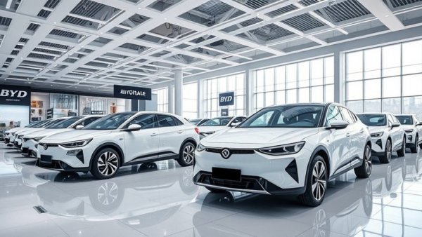 Modern BYD car exhibition reflecting Chinese automakers in USA.