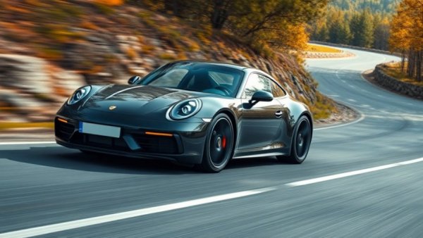 Porsche 911 driving on winding road in scenic landscape.