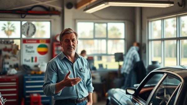 Man gesturing in vintage car workshop with automotive tools.