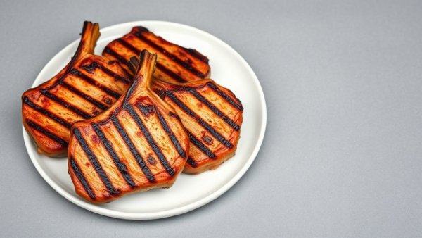 Juicy grilled pork chops with charred grill marks on a white plate.
