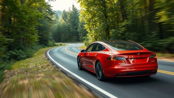 Red Tesla Model S driving on scenic road, Tesla Model S and X production ending 2026.