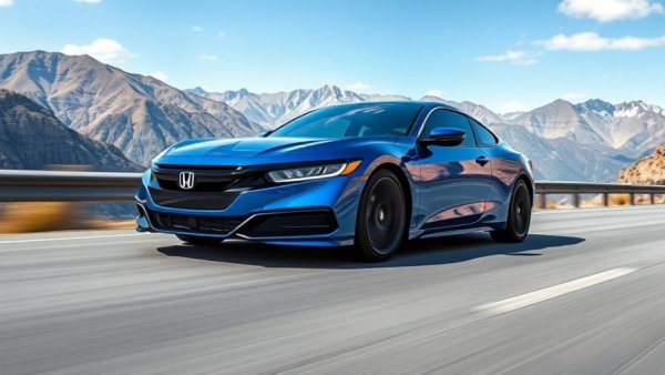 Sleek blue 2026 Honda Prelude driving on a scenic mountain road.