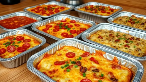 Comforting casseroles in trays on wooden surface.