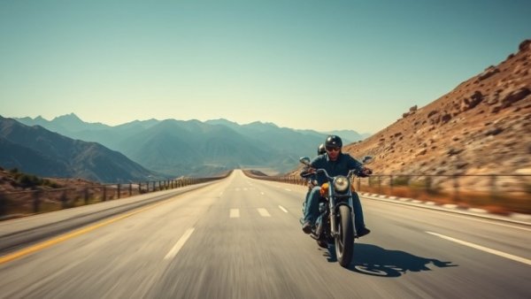 Motorcycle duo riding on open highway with mountains