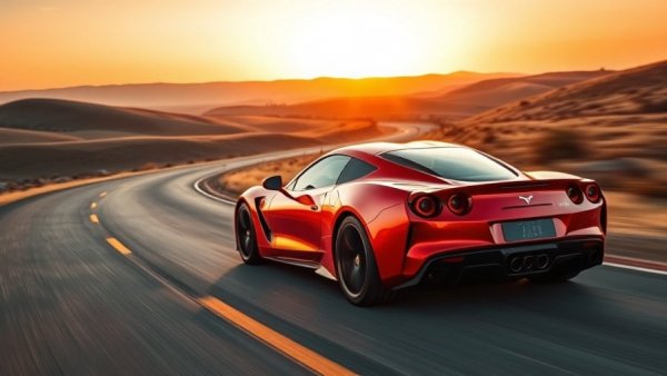 Turbocharged engine reliability showcased by red sports car speeding on open road.