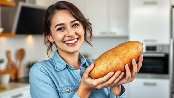 Cheerful woman with frozen sweet potato in modern kitchen.