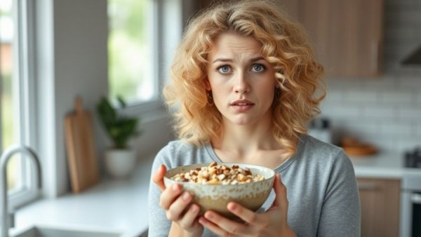 Woman holding oatmeal in kitchen, exploring fear foods for a healthy lifestyle.