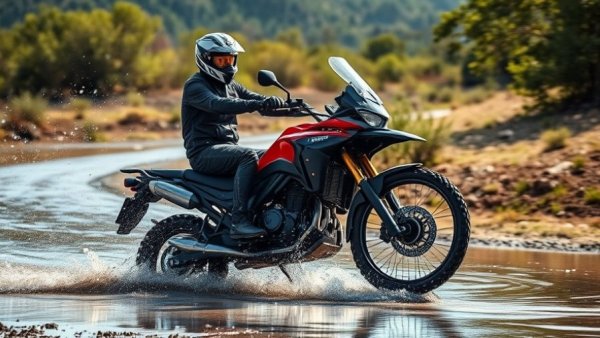 Best adventure motorcycle performing a thrilling water splash stunt.