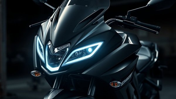 Sleek touring motorcycle with bright lights for long-distance travel.
