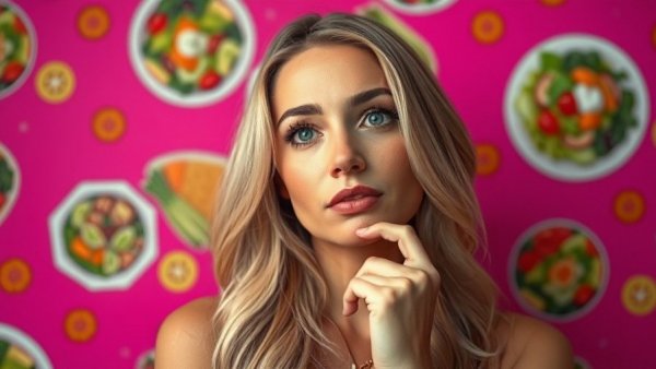 Blonde woman pondering media images on eating habits, 'eating for the male gaze vs yourself'.