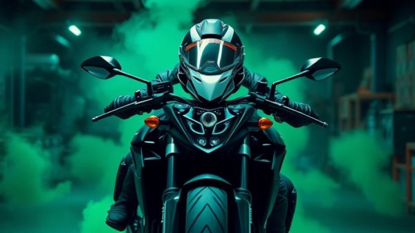 Dynamic performance motorcycle with rider in garage setting.