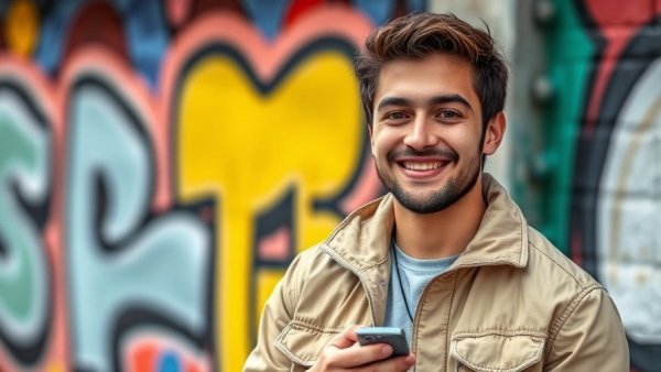 Young man in beige jacket holding an item, urban wall background, vibrant scene.