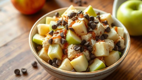 Caramel deLites Apple Salad topped with chocolate chips and coconut flakes.