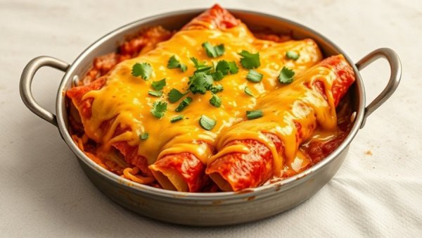 Delicious baked enchiladas topped with cheddar cheese and cilantro, high protein snacks.