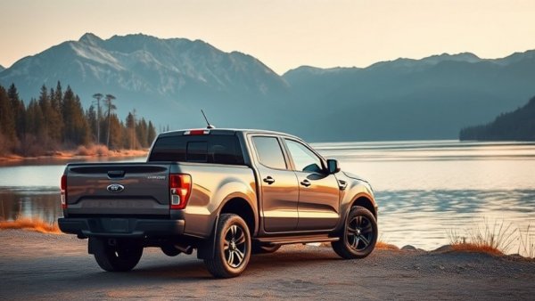 Modern pickup truck by lakeside at sunset, vibrant and serene.