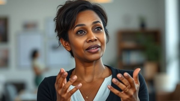 Confident woman discussing holistic health practices indoors.
