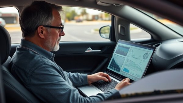 Middle-aged man using laptop in car, related to car battery chargers.