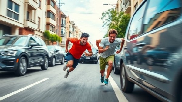 Foot power vs car: two runners racing alongside cars on a bright street.