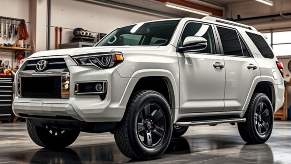 White SUV in a garage, displaying design and features.