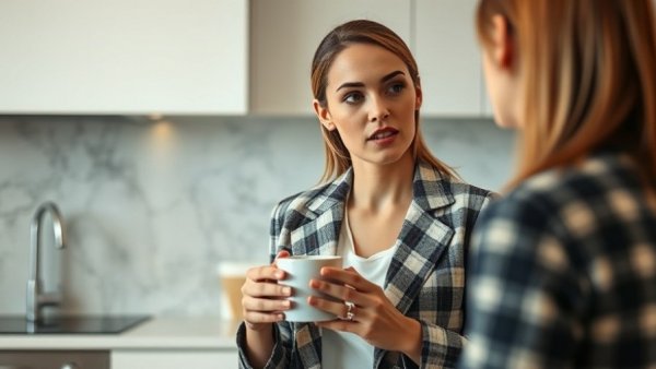 Woman discussing appetite suppression in a kitchen with a coffee mug.