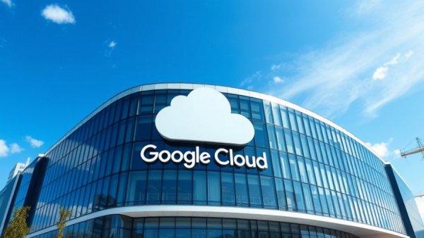 Google Cloud office exterior under blue sky.
