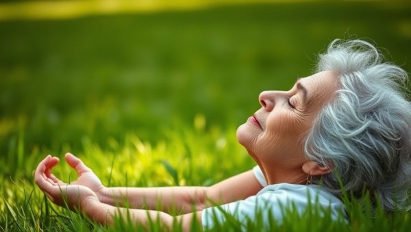 Older woman meditating outdoors as part of her self-care routine, peaceful setting.