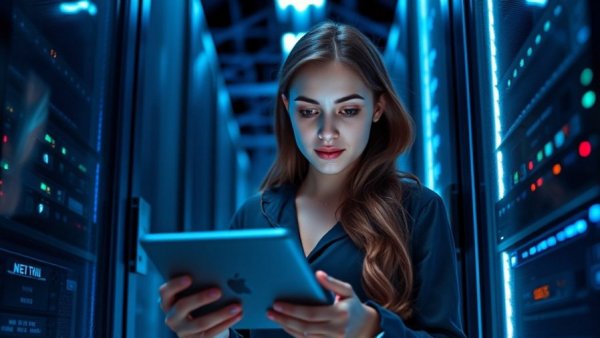 Young woman checking tablet in server room, Isolated Recovery Environment EHR.