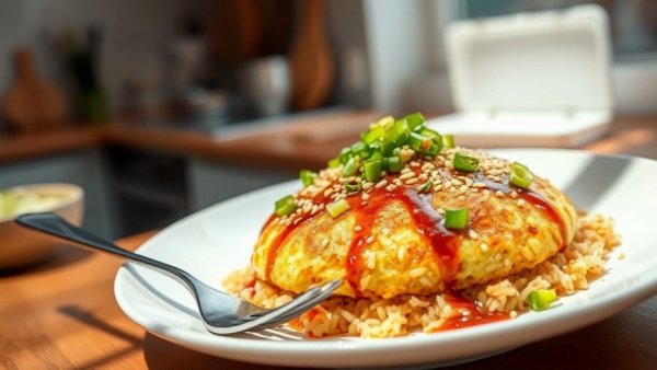 Delicious crispy fried rice omelette garnished with scallions.