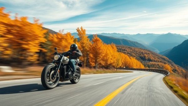 Motorcyclist cruising mountain road, ideal for touring motorcycles.