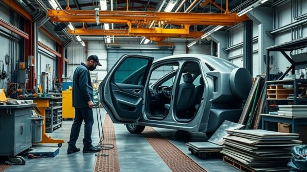 Bulletproof car manufacturing process in workshop with tools and materials.