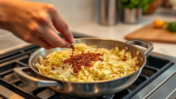 Close-up of spices added to sautéing cabbage on stove.