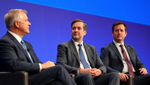 Healthcare professionals in suits discussing AI in a panel.