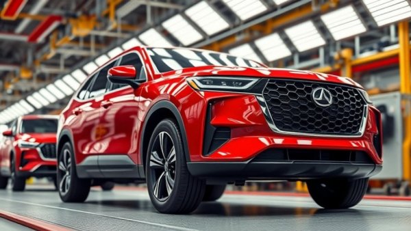 Red SUV on assembly line, highlighting automakers tariff costs.
