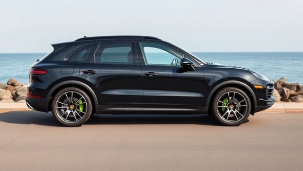 Sleek Porsche Cayenne E-Hybrid parked by waterfront, side view.