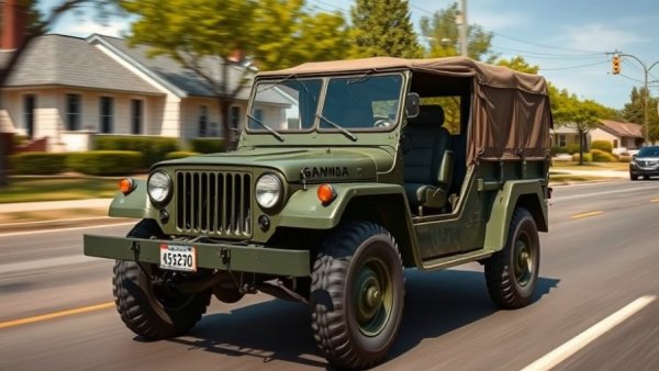 Vintage Gamma Goat vehicle driving on a sunny suburban street.