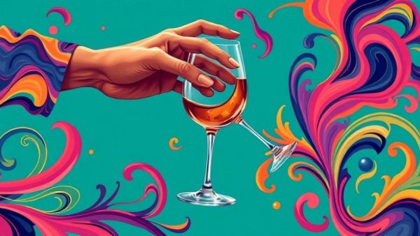 Abstract self-care routine illustration with hands and wine.