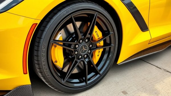 Close-up of American sports car wheel with carbon fiber rim.