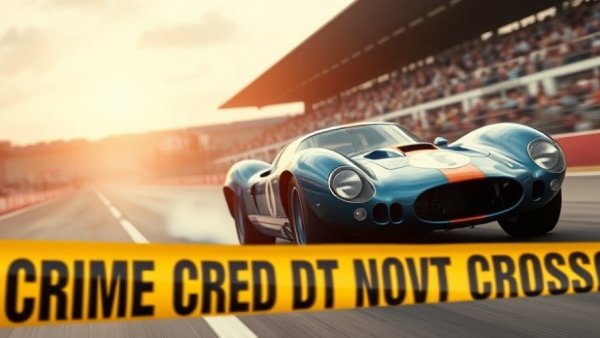 Dynamic classic race car at crime scene with police tape.
