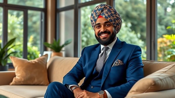 Smiling man in blue suit with turban, serene indoor setting.