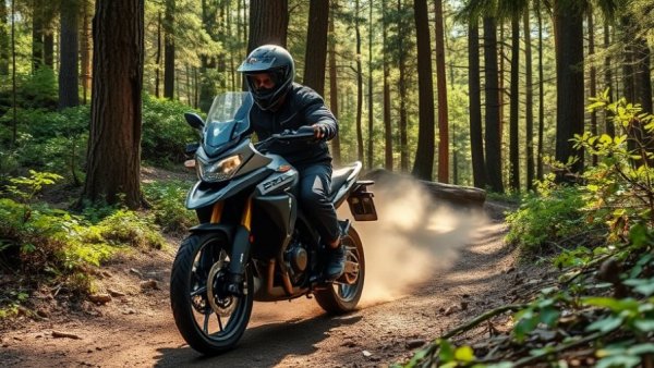 Suzuki V-Strom 800DE adventure motorcycle navigating forest trail