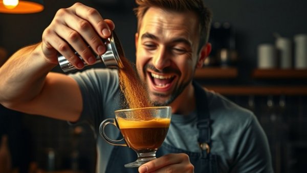 Energetic man adds golden powder to coffee for healthy lifestyle