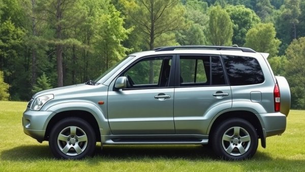 Silver Japanese SUV from the 2000s parked on grassy field.