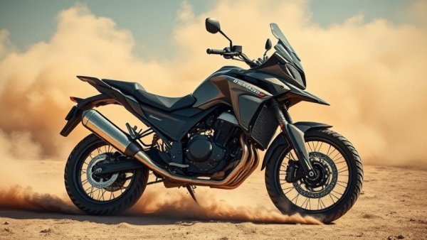 Adventure motorcycle 2026 in a dusty terrain setting.