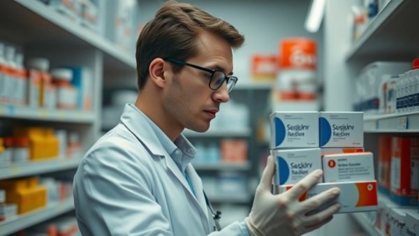 Pharmacist examines medicine boxes, illustrating AI patient care barriers.