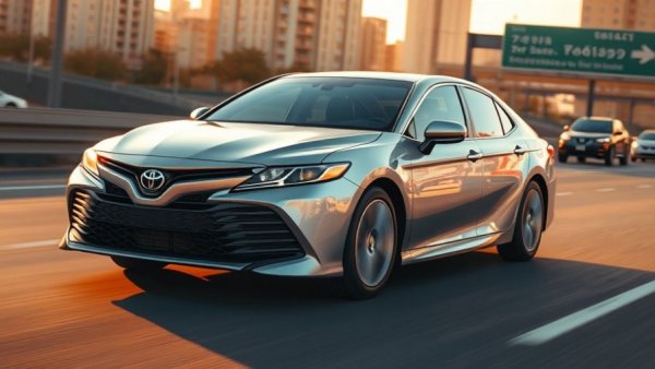 Sleek silver Toyota Camry driving on an urban highway at sunset.