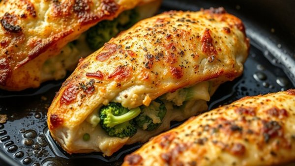 Broccoli and cheese stuffed chicken breast in a skillet, close-up.