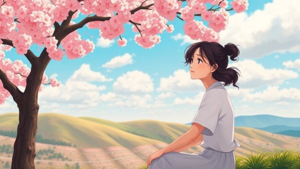 Serene cartoon woman enjoying a self-care routine under a cherry blossom tree.