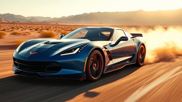 2027 Corvette Grand Sport V8 on a desert racetrack at sunset.