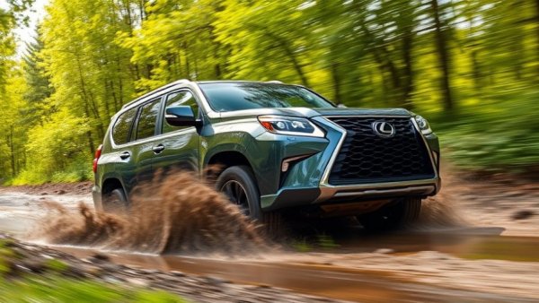 2024 Lexus GX 550 off-road, splashing through muddy terrain.
